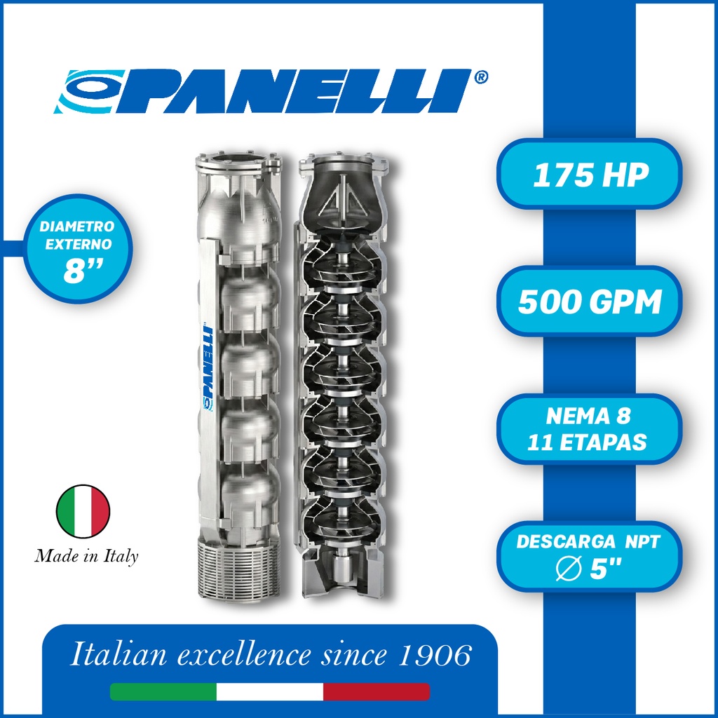 CUERPO SUMERGIBLE PANELLI  8" SERIE  SX MOD. 180SX50011 500GPM 175,00HP  11ET 5"NPT NEMA8