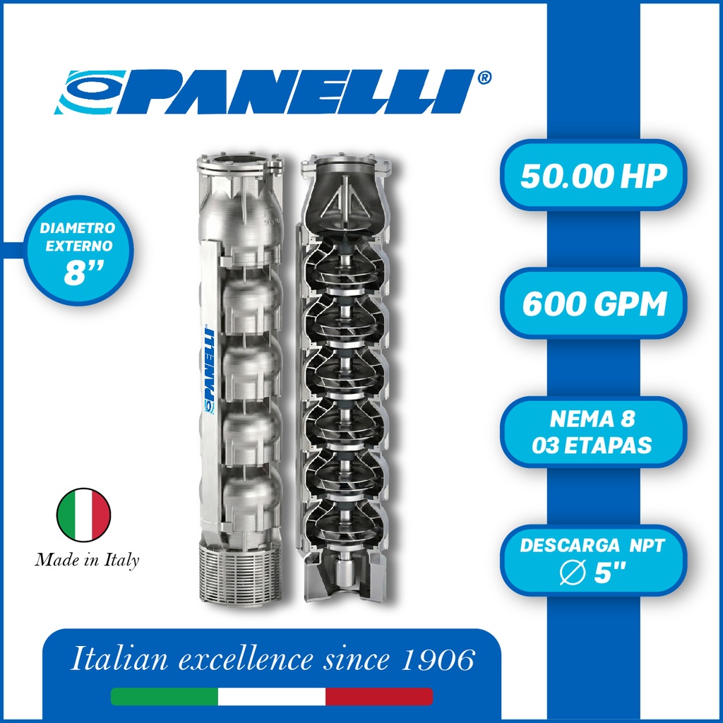 CUERPO SUMERGIBLE PANELLI  8" SERIE  SX MOD. 180SX60003 600GPM  50,00HP  03ET 5"NPT NEMA8