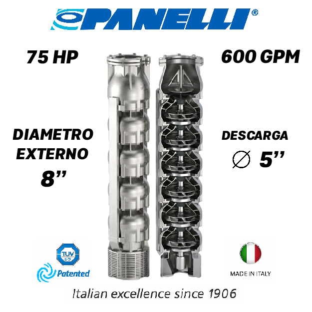 CUERPO SUMERGIBLE PANELLI  8" SERIE  SX MOD. 180SX60004 600GPM  75,00HP  04ET 5"NPT NEMA8