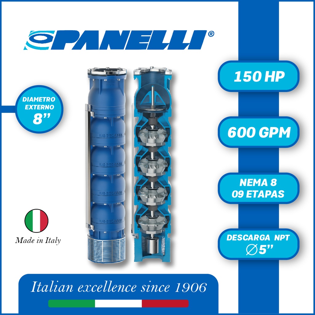 CUERPO SUMERGIBLE PANELLI  8" SERIE REC MOD. 180REC60009  600GPM 150,00HP  09ET 5"NPT NEMA8