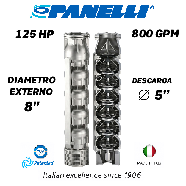 CUERPO SUMERGIBLE PANELLI  8" SERIE  SX MOD. 180SX80005 800GPM 125,00HP  05ET 5"NPT NEMA8