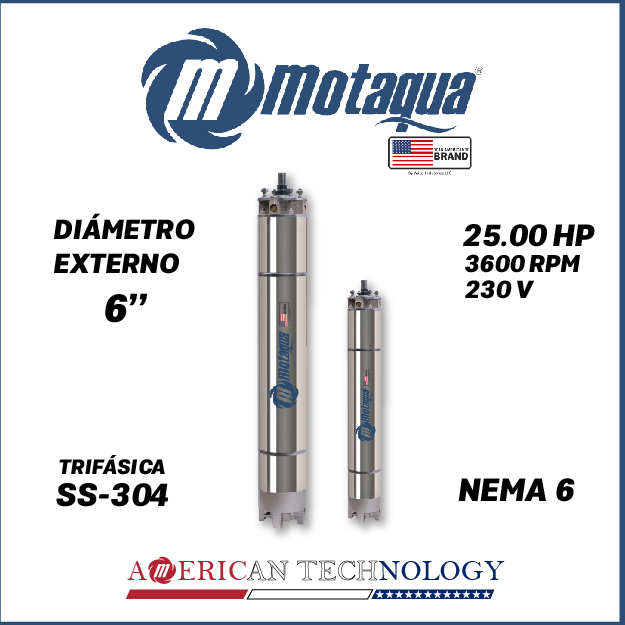 MOTOR SUMERGIBLE TF MOTAQUA  6" SERIE MKD MOD. T6WRF0250J  25,00HP 3PH/230V/60HZ/2P 3600RPM 3W DOL NEMA6 WF-R SS-304