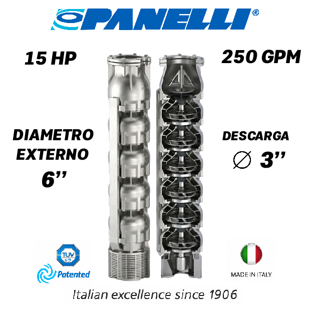CUERPO SUMERGIBLE PANELLI  6" SERIE  SX MOD. 140SX25004  250GPM  15,00HP 04ET 3"NPT NEMA6