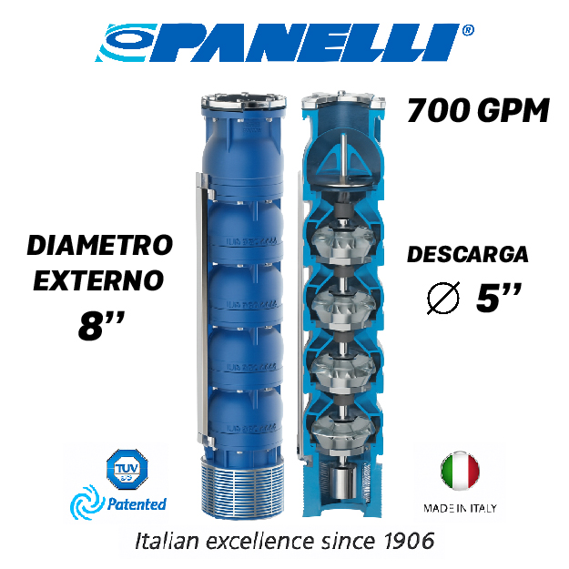 CUERPO SUMERGIBLE PANELLI  8" SERIE REC MOD. 180REC70005 700GPM 100,00HP  05ET 5"NPT NEMA8