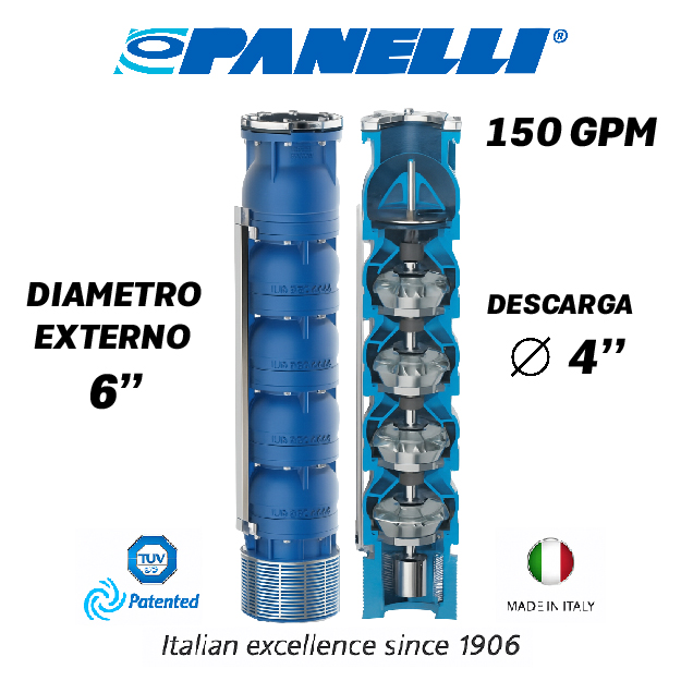 CUERPO SUMERGIBLE PANELLI  6" SERIE REC MOD 140REC15006 150GPM  15,00HP  06ET 4"NPT NEMA6