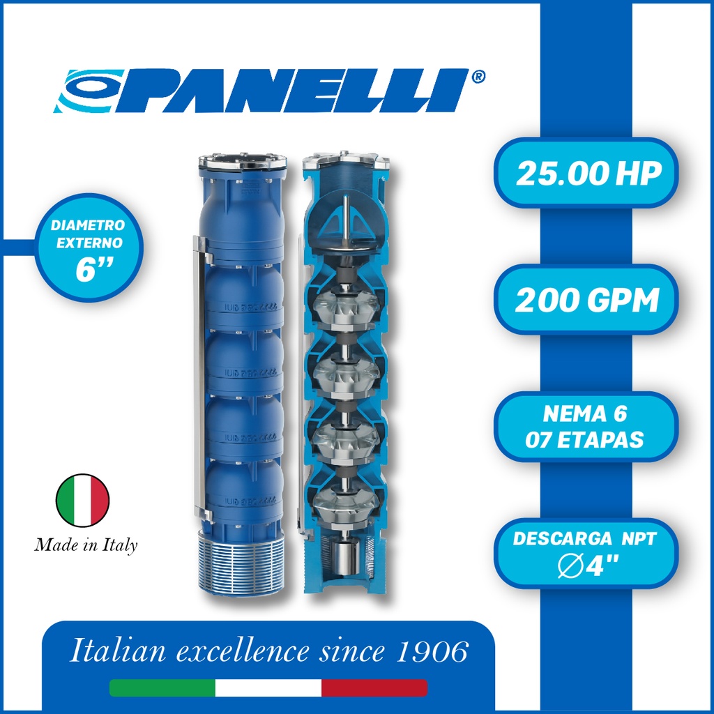 CUERPO SUMERGIBLE PANELLI  6" SERIE REC MOD 140REC20007 200GPM  25,00HP  07ET 4"NPT NEMA6