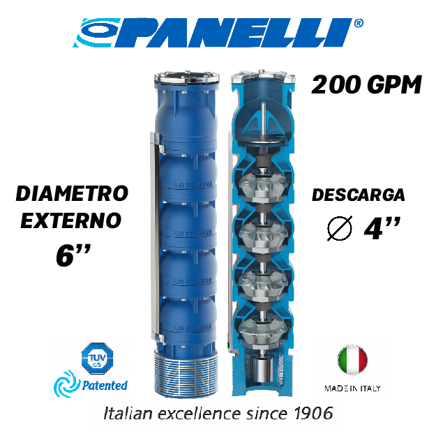 CUERPO SUMERGIBLE PANELLI  6" SERIE REC MOD 140REC20014 200GPM  50,00HP  14ET 4"NPT NEMA6