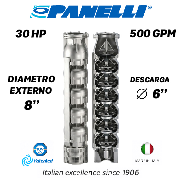 CUERPO SUMERGIBLE PANELLI  8" SERIE  SX MOD. 180SX50002 500GPM  30,00HP  02ET 6"NPT NEMA8 