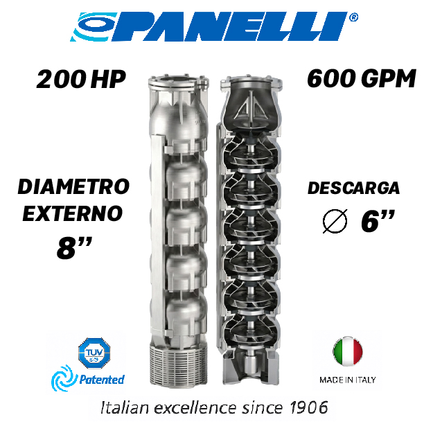 CUERPO SUMERGIBLE PANELLI  8" SERIE  SX MOD. 180SX60012 600GPM 200,00HP  12ET 6"NPT NEMA8 