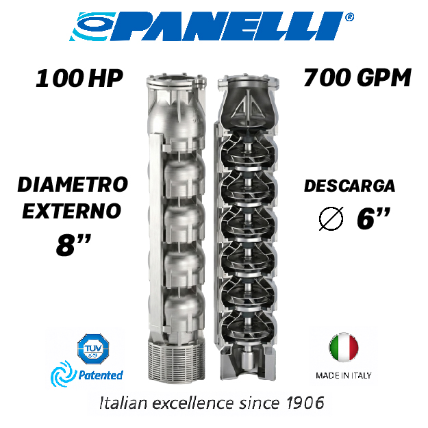 CUERPO SUMERGIBLE PANELLI  8" SERIE  SX MOD. 180SX70005 700GPM 100,00HP  05ET 6"NPT NEMA8 