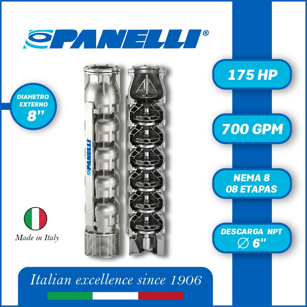 CUERPO SUMERGIBLE PANELLI  8" SERIE  SX MOD. 180SX70008 700GPM 175,00HP  08ET 6"NPT NEMA8 