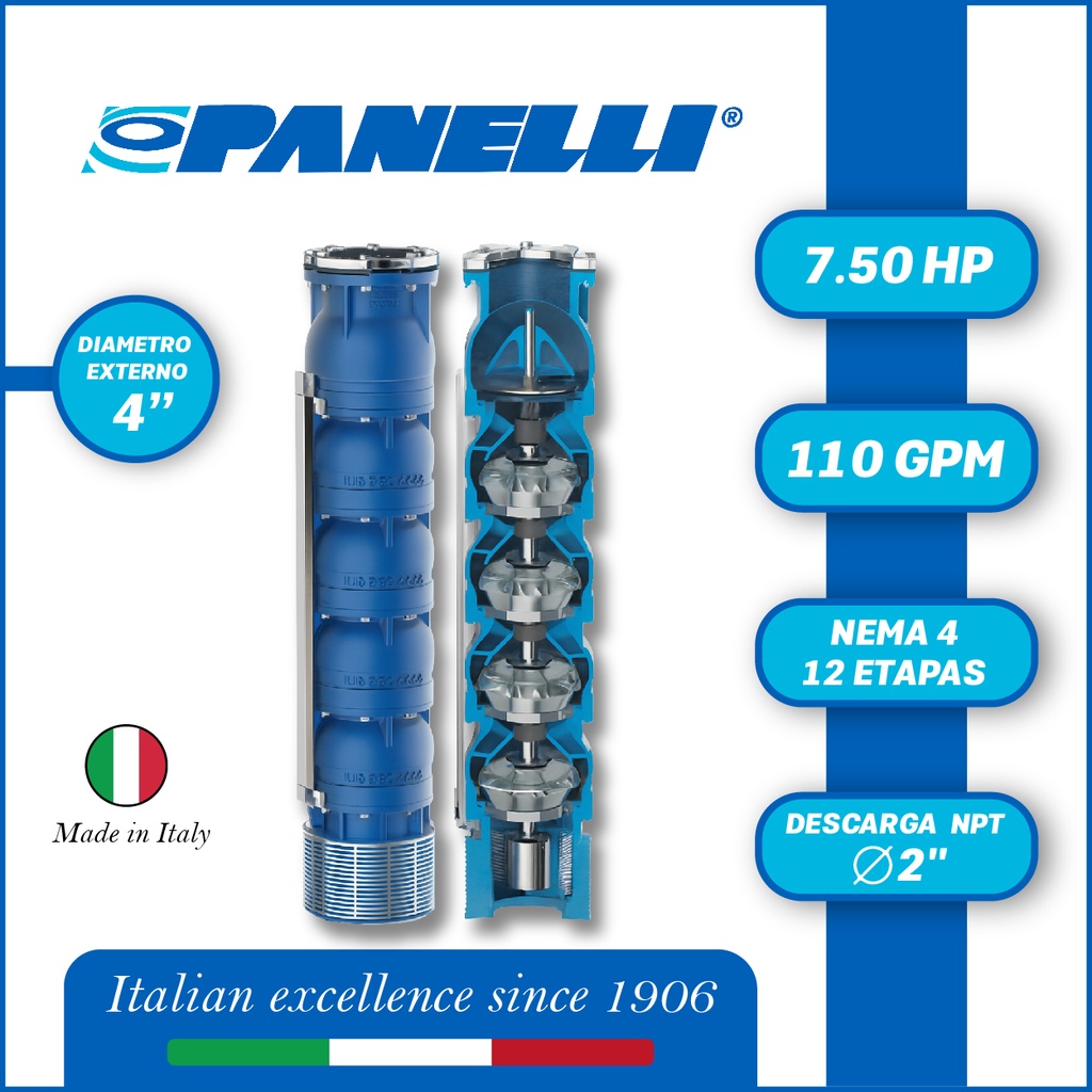 CUERPO SUMERGIBLE PANELLI  4" SERIE REC MOD.  95REC11012 110GPM   7,50HP 12ET 2"NPT NEMA4