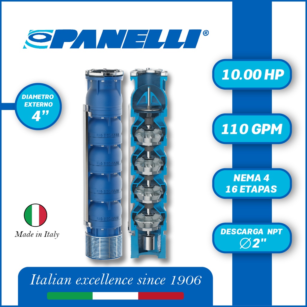 CUERPO SUMERGIBLE PANELLI  4" SERIE REC MOD.  95REC11016 110GPM  10,00HP 16ET 2"NPT NEMA4