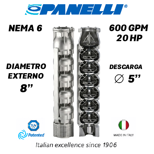 CUERPO SUMERGIBLE PANELLI  8" SERIE  SX MOD. 180SX60001 600GPM  20,00HP  01ET 5"NPT NEMA6