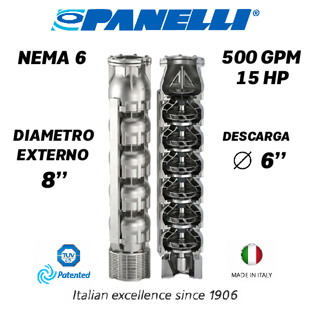 CUERPO SUMERGIBLE PANELLI  8" SERIE  SX MOD. 180SX50001 500GPM  15,00HP  01ET 6"NPT NEMA6