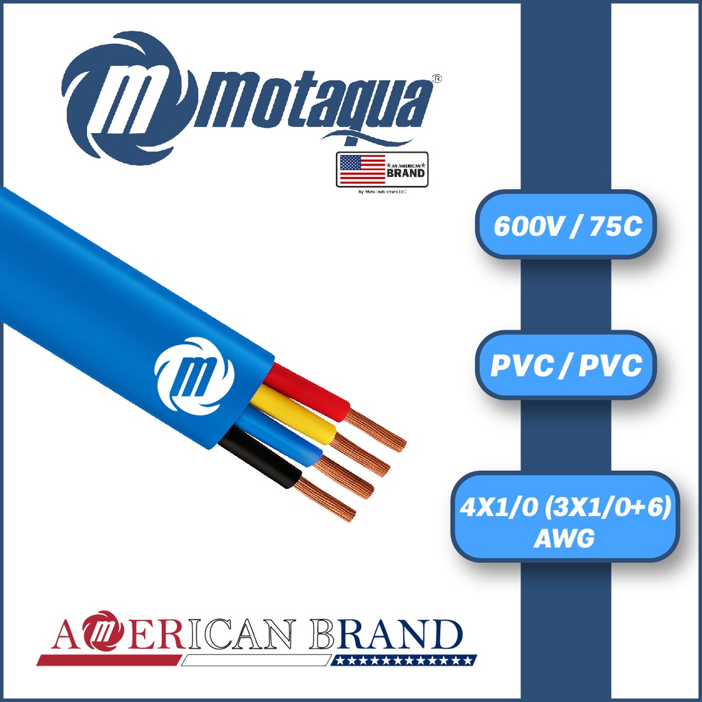 CABLE SUMERGIBLE PLANO MOTAQUA AWG 600V 75C PVC/PVC SERIE MAE MOD. 4X1/0 (3X1/0+6)