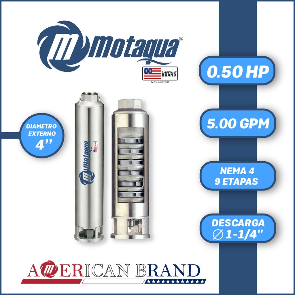 CUERPO SUMERGIBLE MOTAQUA  4"       SERIE MTS MOD. 054TS0509   05GPM   0,50HP 09ET 1-1/4"NPT NEMA4