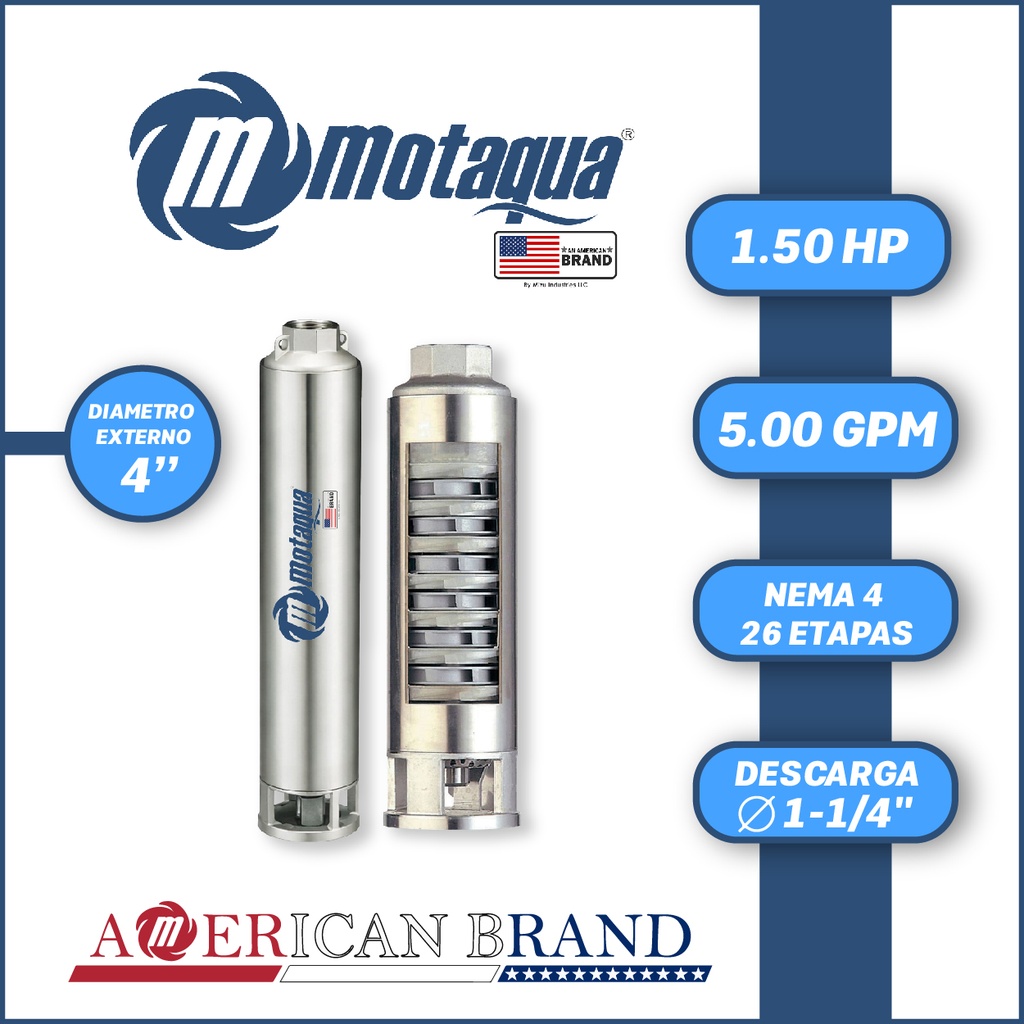 CUERPO SUMERGIBLE MOTAQUA  4"       SERIE MTS MOD. 054TS1526   05GPM   1,50HP 26ET 1-1/4"NPT NEMA4