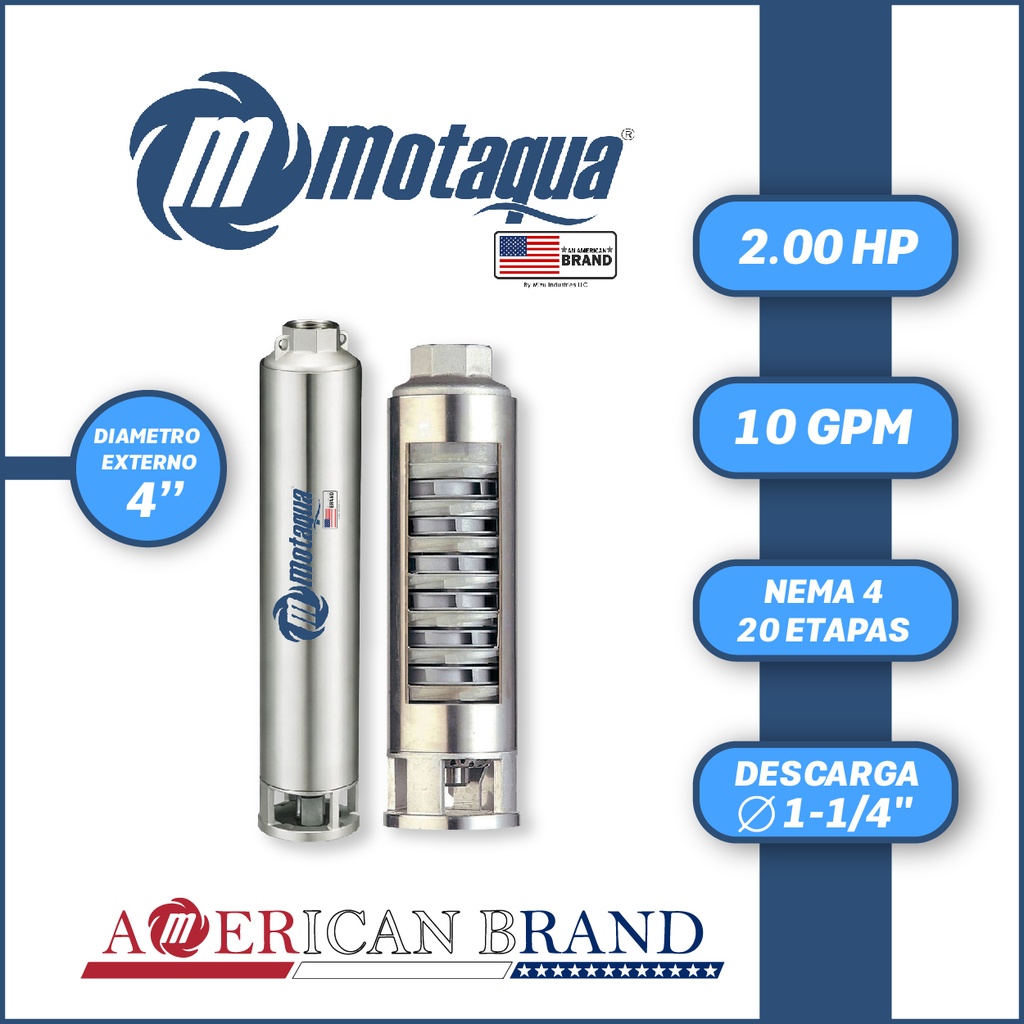CUERPO SUMERGIBLE MOTAQUA  4"      SERIE MTS MOD. 104TS2020   10GPM   2,00HP 20ET 1-1/4"NPT NEMA4
