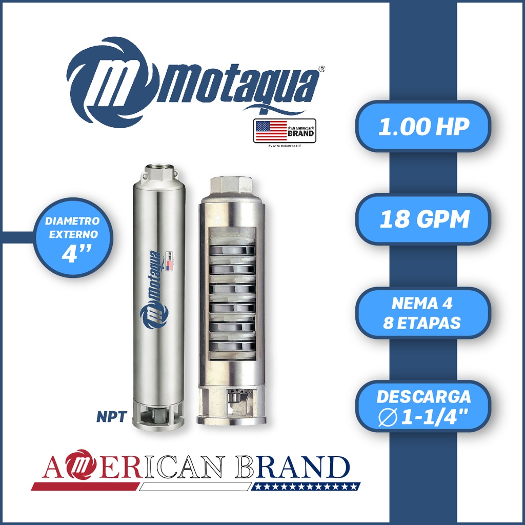 CUERPO SUMERGIBLE MOTAQUA  4"    SERIE MTS MOD. 184TS1008   18GPM   1,00HP 08ET 1-1/4"NPT NEMA4