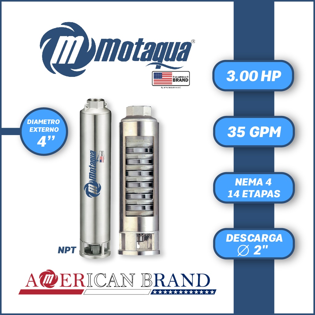 CUERPO SUMERGIBLE MOTAQUA  4"   SERIE MTS MOD.  354TS3014   35GPM   3,00HP 14ET 2"NPT NEMA4