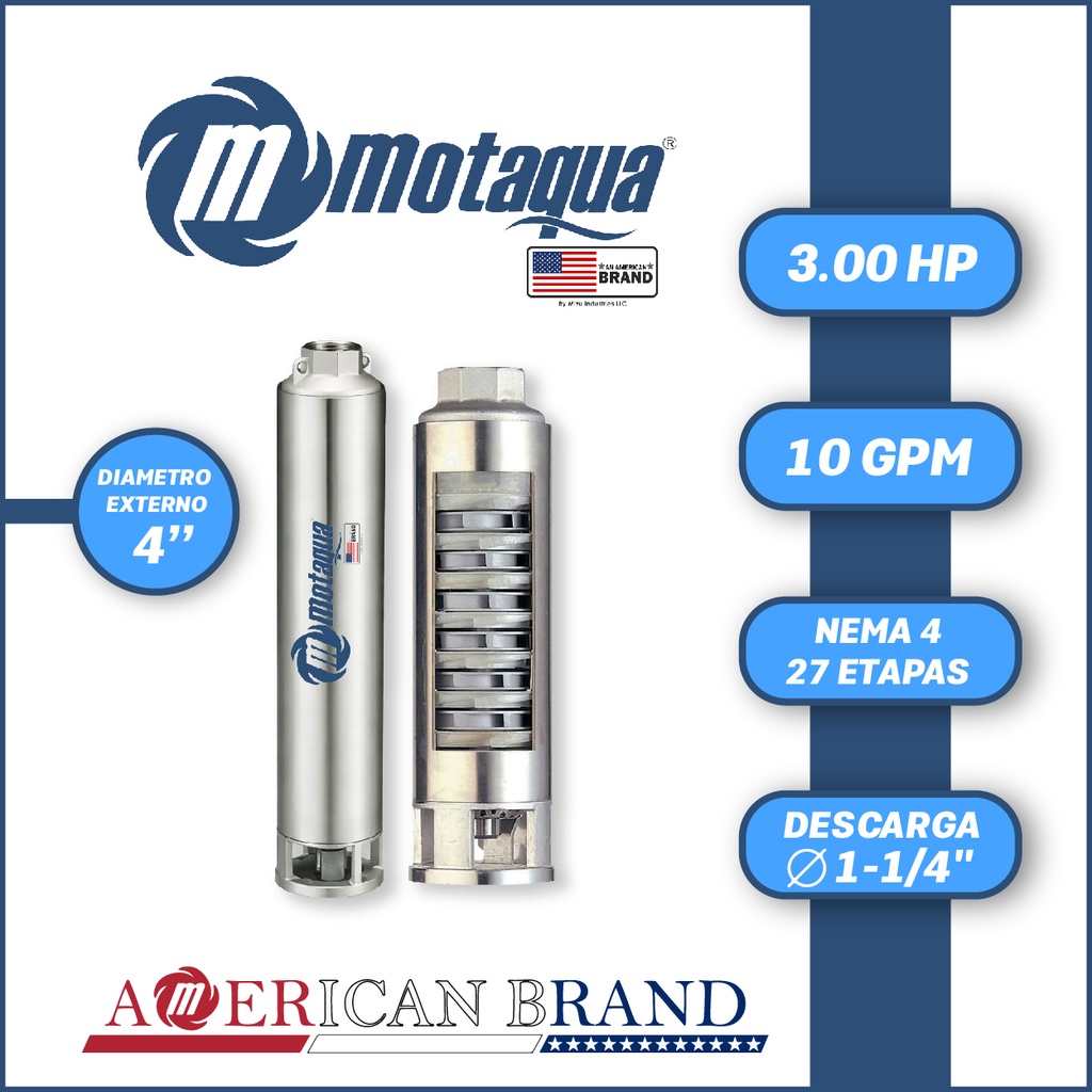 CUERPO SUMERGIBLE MOTAQUA  4"      SERIE MTS MOD. 104TS3027   10GPM   3,00HP 27ET 1-1/4"NPT NEMA4