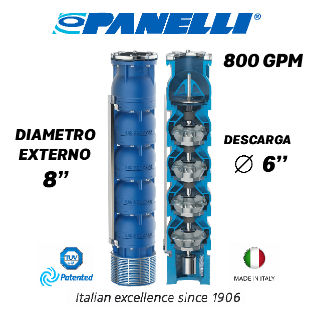 CUERPO SUMERGIBLE PANELLI  8" SERIE REC MOD. 180REC80003 800GPM  75,00HP  03ET 6"NPT NEMA8
