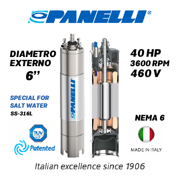 MOTOR SUMERGIBLE TF PANELLI  6" SERIE P0600 MOD.  40,00HP 3PH/460V/60HZ/2P 3600RPM 6W Y-D NEMA6 WF-R AISI 316