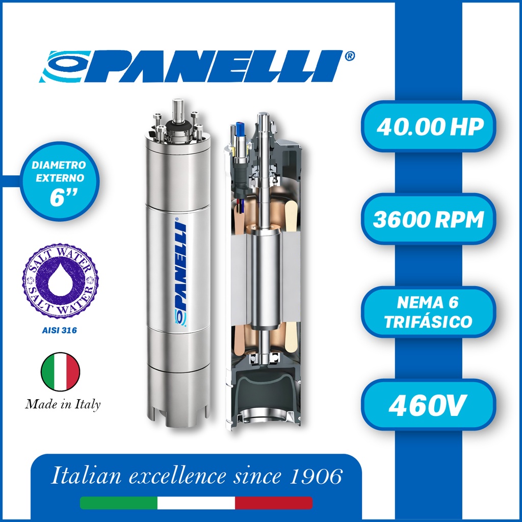 MOTOR SUMERGIBLE TF PANELLI  6" SERIE P0600 MOD.  40,00HP 3PH/460V/60HZ/2P 3600RPM 6W Y-D NEMA6 WF-R AISI 316
