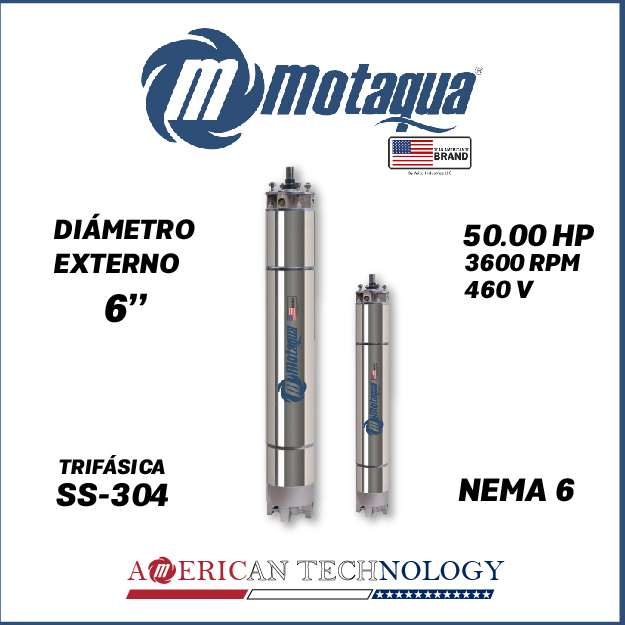 MOTOR SUMERGIBLE TF MOTAQUA  6" SERIE MKD MOD. T6WRF0500P  50,00HP 3PH/460V/60HZ/2P 3600RPM 6W Y-D NEMA6 WF-R SS-304