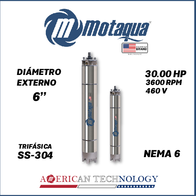MOTOR SUMERGIBLE TF MOTAQUA  6" SERIE MKD MOD. T6WRF0300K  30,00HP 3PH/460V/60HZ/2P 3600RPM 3W DOL NEMA6 WF-R SS-304