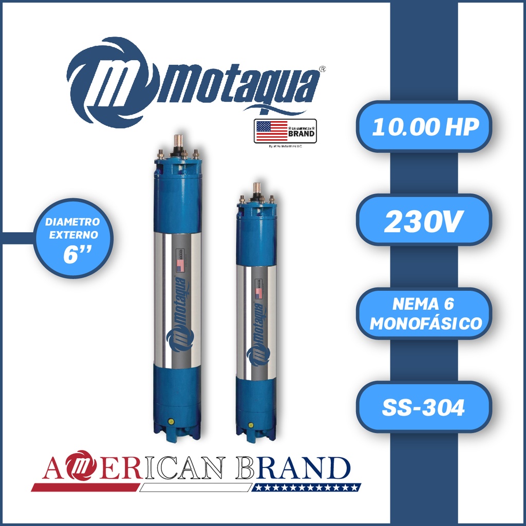 MOTOR SUMERGIBLE MF MOTAQUA  6" SERIE MKD MOD. M6WRF0100F  10,00HP 1PH/230V/60HZ/2P 3600RPM 3W DOL NEMA6  WF-R SS-304