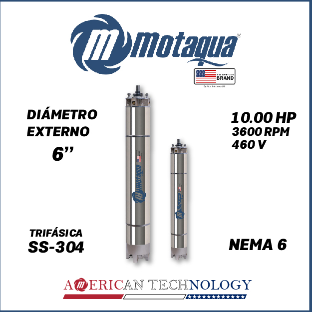 MOTOR SUMERGIBLE TF MOTAQUA  6" SERIE MKD MOD. T6WRF0100K  10,00HP 3PH/460V/60HZ/2P 3600RPM 3W DOL NEMA6 WF-R SS-304