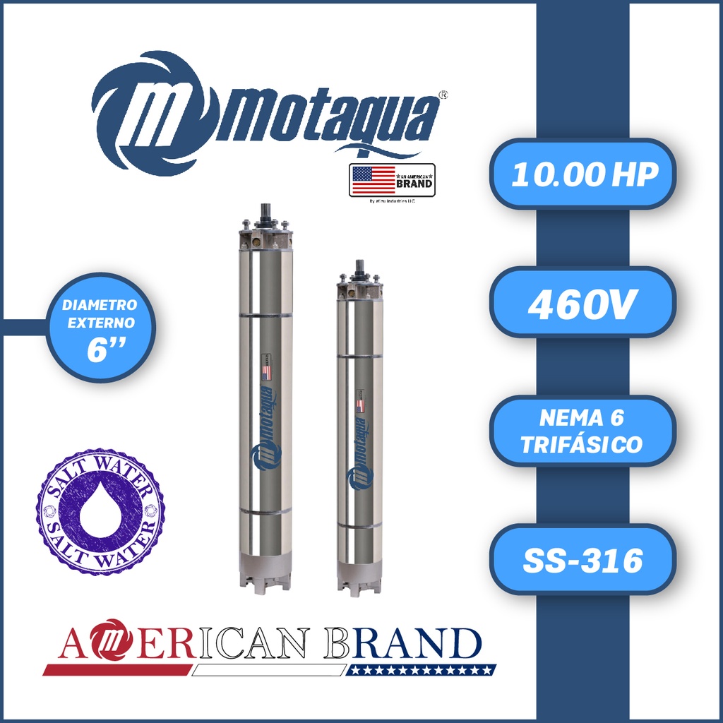 MOTOR SUMERGIBLE TF MOTAQUA  6" SERIE MKD MOD. T6WRF0100K  10,00HP 3PH/460V/60HZ/2P 3600RPM 3W DOL NEMA6 WF-R SS316