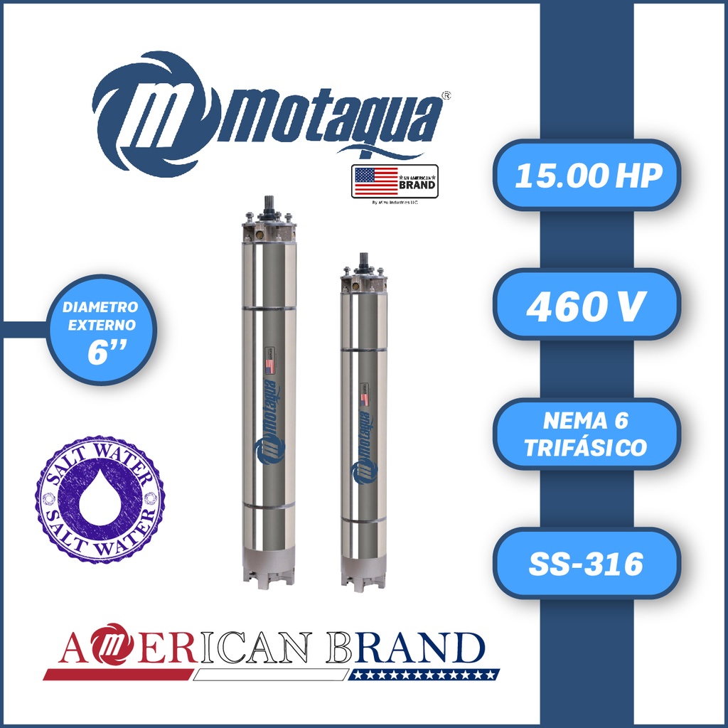 MOTOR SUMERGIBLE TF MOTAQUA  6" SERIE MKD MOD. T6WRF0150K  15,00HP 3PH/460V/60HZ/2P 3600RPM 3W DOL NEMA6 WF-R SS316