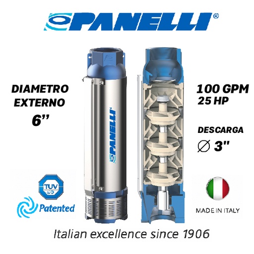 [5505PAN-140PR16N/13] CUERPO SUMERGIBLE PANELLI  6" SERIE  PR MOD. 140PR10013 100GPM  25,00HP  13ET 3"NPT NEMA6