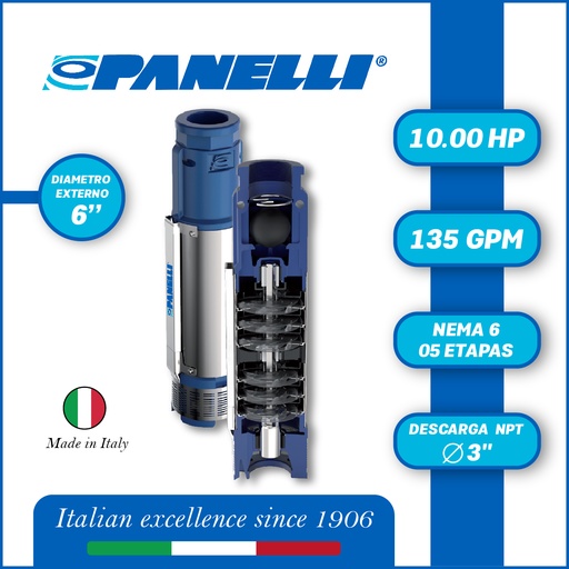 [5505PAN-140PR24N/5] CUERPO SUMERGIBLE PANELLI  6" SERIE  PR MOD. 140PR13505 135GPM  10,00HP  05ET 3"NPT NEMA6