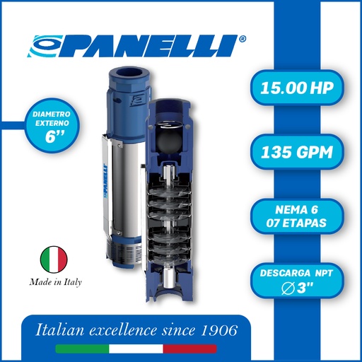 [5505PAN-140PR24N/7] CUERPO SUMERGIBLE PANELLI  6" SERIE  PR MOD. 140PR13507 135GPM  15,00HP  07ET 3"NPT NEMA6