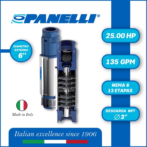 [5505PAN-140PR106-025/13] CUERPO SUMERGIBLE PANELLI  6" SERIE  PR MOD. 140PR13513 135GPM  25,00HP  13ET 3"NPT NEMA6