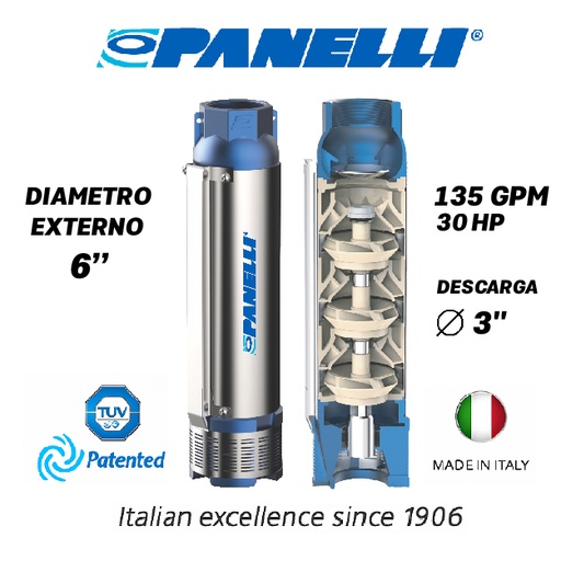 [5505PAN-140PR24N/15] CUERPO SUMERGIBLE PANELLI  6" SERIE  PR MOD. 140PR13515 135GPM  30,00HP  15ET 3"NPT NEMA6