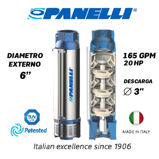 [5515PAN-140PR34N/6] CUERPO SUMERGIBLE PANELLI  6" SERIE  PR MOD. 140PR16506 165GPM  20,00HP  06ET 3"NPT NEMA6