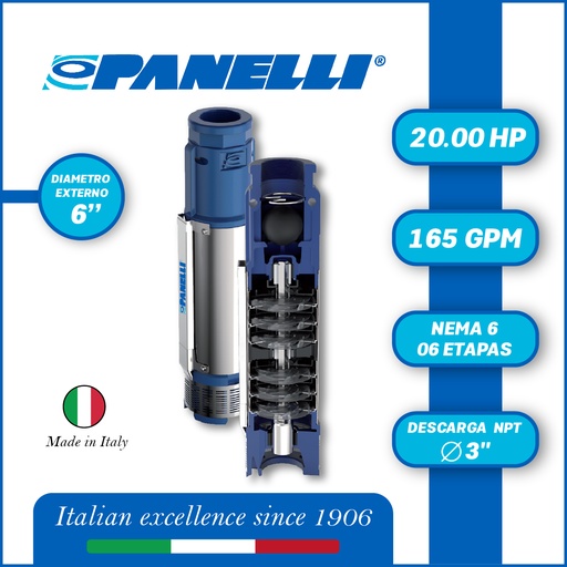 [5515PAN-140PR34N/6] CUERPO SUMERGIBLE PANELLI  6" SERIE  PR MOD. 140PR16506 165GPM  20,00HP  06ET 3"NPT NEMA6