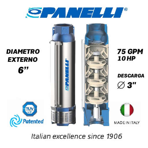 [5505PAN-140PR12N/9] CUERPO SUMERGIBLE PANELLI  6" SERIE  PR MOD. 140PR07509  75GPM  10,00HP  09ET 3"NPT NEMA6