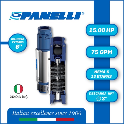 [5505PAN-140PR12N/13] CUERPO SUMERGIBLE PANELLI  6" SERIE  PR MOD. 140PR07513  75GPM  15,00HP  13ET 3"NPT NEMA6