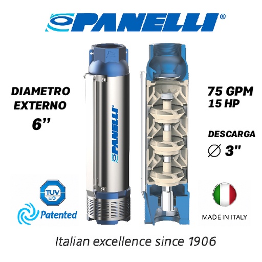[5505PAN-140PR12N/13] CUERPO SUMERGIBLE PANELLI  6" SERIE  PR MOD. 140PR07513  75GPM  15,00HP  13ET 3"NPT NEMA6