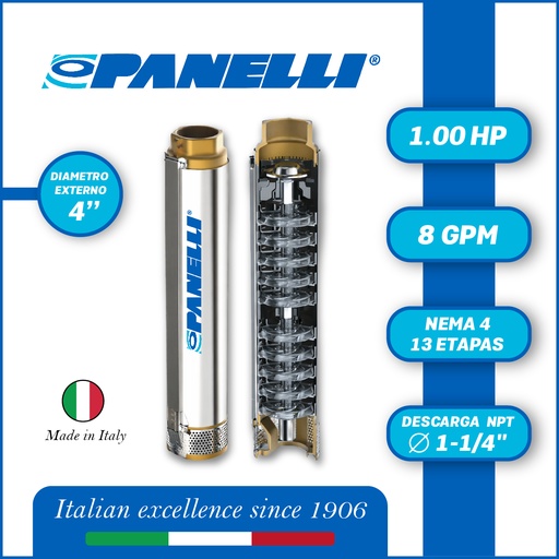 [5505PAN-095PR1N/13] CUERPO SUMERGIBLE PANELLI  4"  SERIE PR MOD.  95PR0813    8GPM   1,00HP 13ET 1-1/4"NPT NEMA4