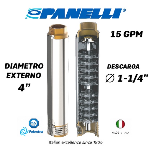 [5505PAN-095PR2N/09] CUERPO SUMERGIBLE PANELLI  4"  SERIE PR MOD.  95PR1509   15GPM   1,00HP 09ET 1-1/4"NPT NEMA4