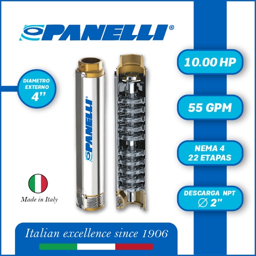 [5505PAN-095PR10N/22] CUERPO SUMERGIBLE PANELLI  4"  SERIE PR MOD.  95PR5522   55GPM  10,00HP 22ET 2"NPT NEMA4