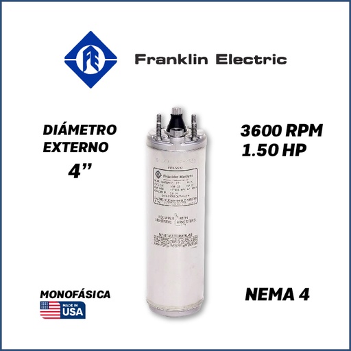 [7505FRA-5FES3440000150D-AS10] MOTOR SUMERGIBLE MF FRANKLIN  4" SERIE WWELL SS MOD. 2243009203GS   1,50HP 1PH/230V/60HZ/2P 3600RPM 3W DOL NEMA4 WF-C                                              