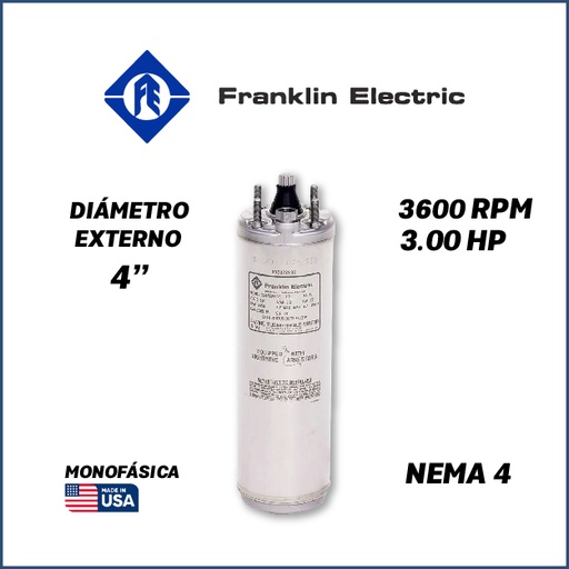 [7505FRA-5FEH3440000300F-SF11] MOTOR SUMERGIBLE MF FRANKLIN  4" SERIE WWELL SS MOD. 2247022604G    3,00HP 1PH/230V/60HZ/2P 3600RPM 3W DOL NEMA4 WF-C                                              